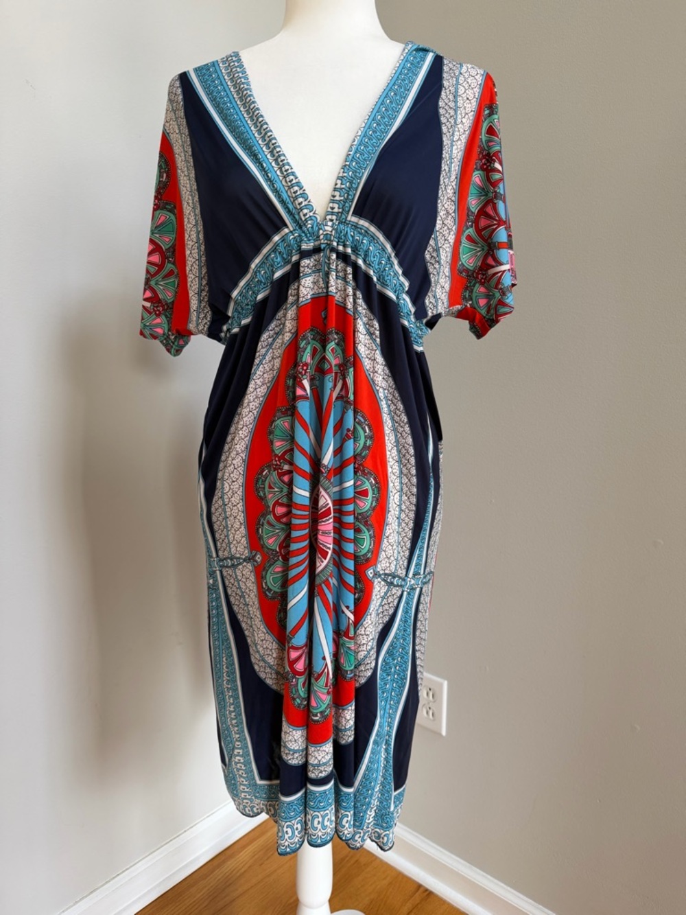 Printed V-Neck Midi Dress in Navy and Red